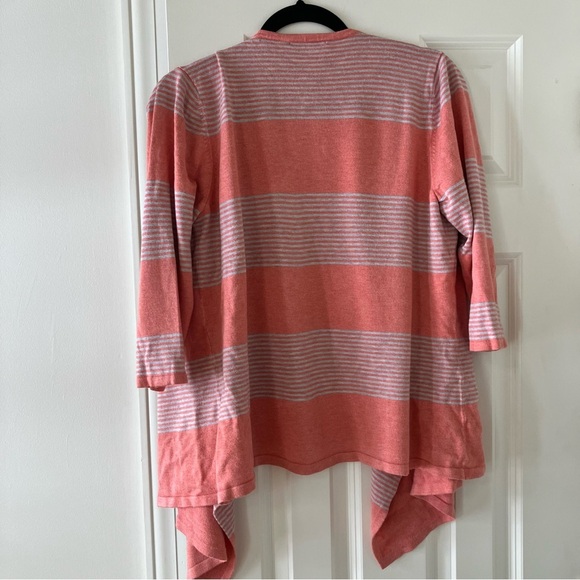 Christopher & Banks Striped Coral and Gray Women's Cardigan Sweater 1/2 Sleeve L - Picture 2 of 5